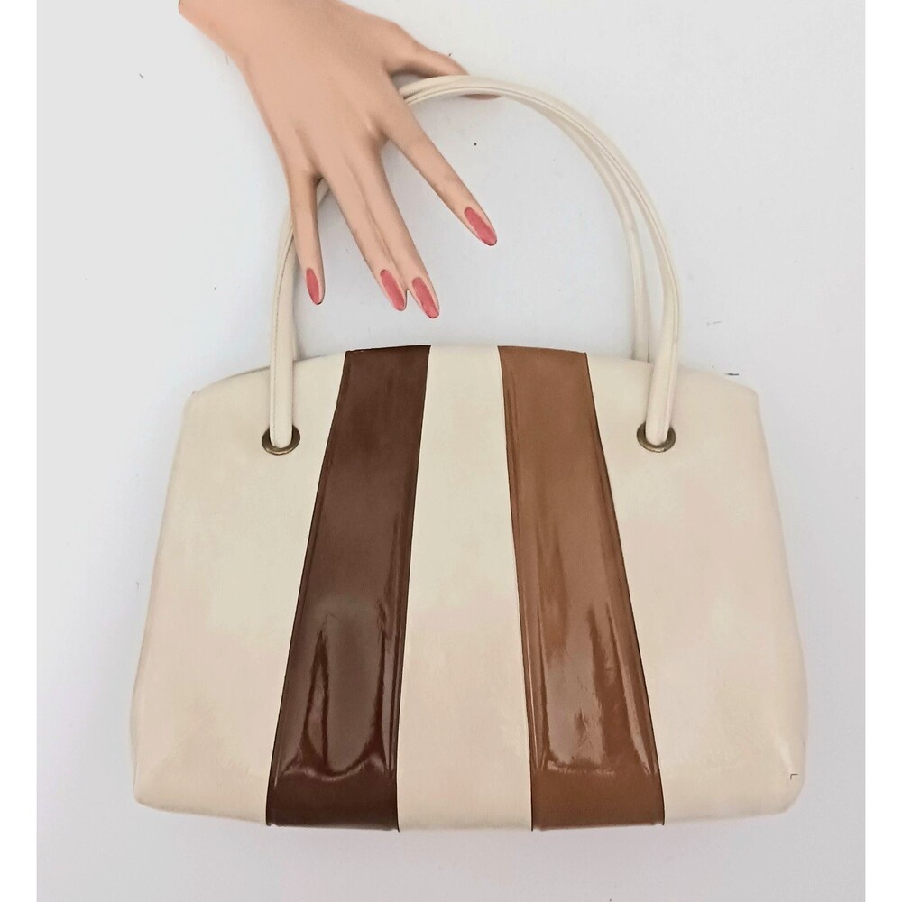VTG 70s Top Handle Bag Cream/Brown Striped Vinyl Snap Lock Hinged